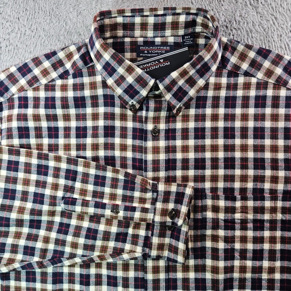 NWT Roundtree‎ & Yorke Portuguese Flannel Shirt Men 2XT White Blue Brown Plaid